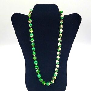 HONG KONG Signed Beaded Green & White Vintage Necklace